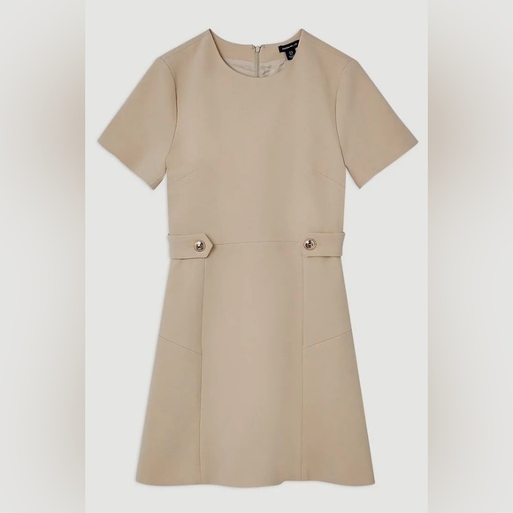 KAREN MILLEN Tailored Mini Dress Stretch Essential Waist Tab Button Camel NEW 12 - Picture 1 of 16
